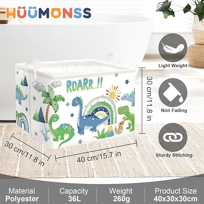 Dinosaur Laundry Hamper Large Storage Basket Cartoon Dino Collapsible Parents Organizer Kids Toy Clothes Bins for Bedroom, Bathroom, Palms, 36L