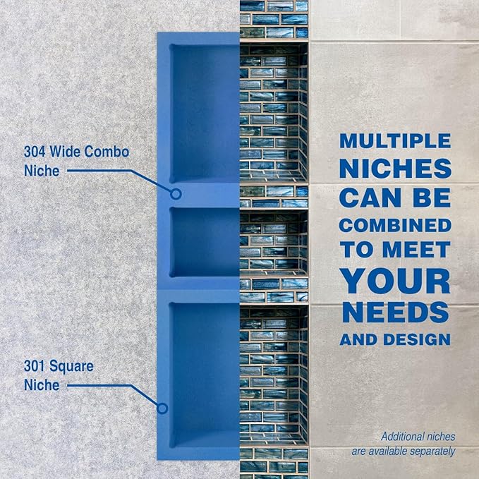 Noble 301 Preformed 12" x 12" ID Square Shower Niche, Tub, Caddy, Modern Bathroom Storage Solution, Water-Resistant, Easy Install Ideal for Toiletries Shampoo Shower Accessories, DIY, No Shelf