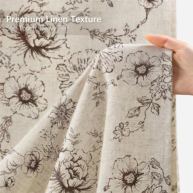 Farmhouse Floral Linen Shower Curtain, Vintage Brown Pattern Rustic Shower Curtains for Bathroom, Tan Taupe,72x84