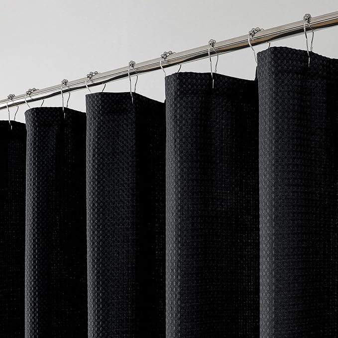 OWENIE Black Waffle Weave Fabric Shower Curtain, Textured Heavy Cloth Shower Curtains for Bathroom, Water Repellent Soft Hotel Spa Luxury Elegant Bath Curtain, Machine Washable, Black, 72x78 Inch