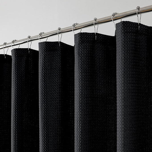 OWENIE Black Shower Curtain, Stall Small Waffle Weave Heavy Fabric Shower Curtains for Narrow Size Bathroom, Waterproof Soft Hotel Spa Luxury Bath Curtain Set, Machine Washable, Black, 36x72 Inch