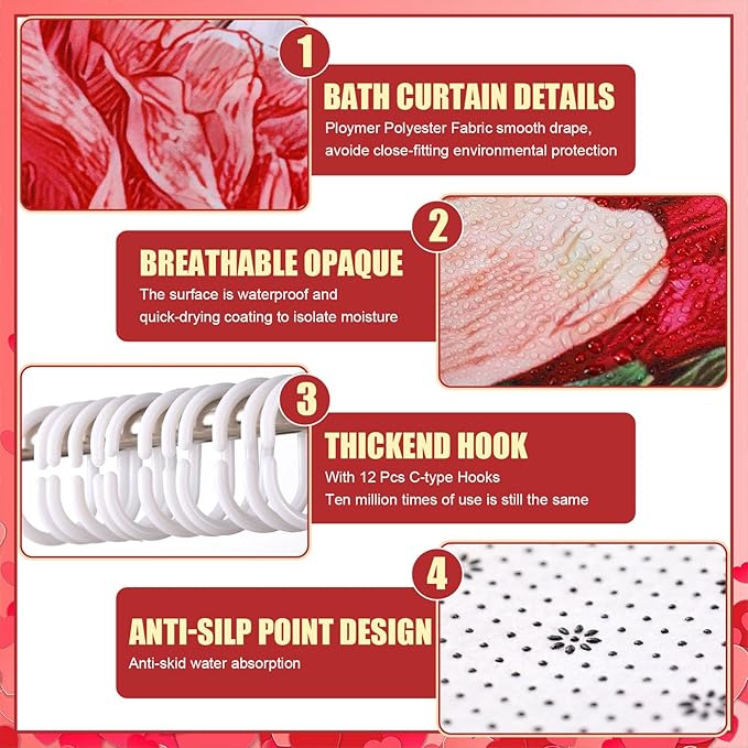 Nuanchu 6 Pcs Valentines Day Shower Curtain Set with Rug Bathroom Sets with Shower Curtain Bath Mat U Shaped Mat Toilet Lid Cover 2 Bath Towels and 12 Hooks Valentines Day Rose Heart Bathroom Decor