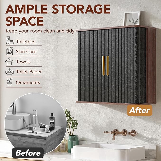 Furnaza Laundry Room Wall Cabinet with Fluted Sliding Door, 29.5" W Bathroom Medicine Cabinet with Adjustable Shelf, Wall Mounted Storage Cabinet for Living Room Kitchen, 11.7" D x 29.5" W x 27.68" H