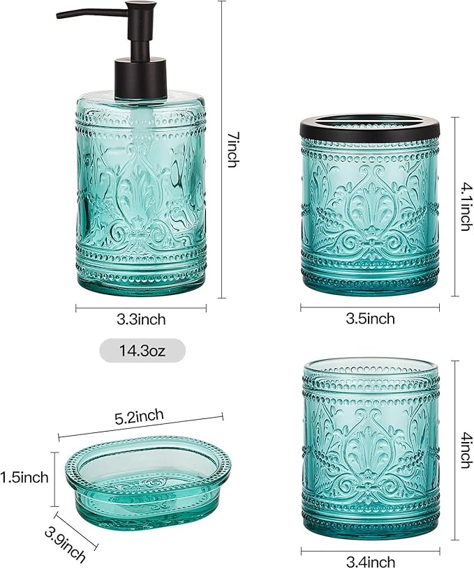 4PCs Teal Blue Glass Bathroom Accessories Set with Decorative Pressed Pattern - Includes Hand Soap Dispenser & Tumbler & Soap Dish & Toothbrush Holder (Bathroom Accessories Blue)