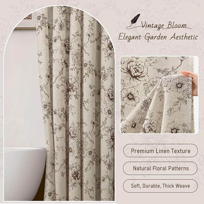 Farmhouse Floral Linen Shower Curtain, Vintage Brown Pattern Rustic Shower Curtains for Bathroom, Tan Taupe,72x84