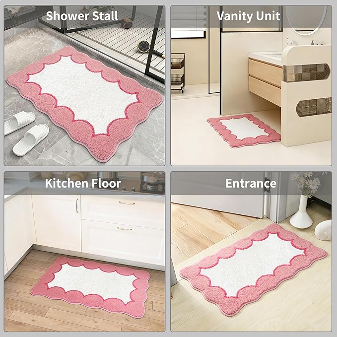 Scalloped Pink Bathroom Rugs Mat,Non Slip Absorbent Quick Dry Bath Mats for Shower Room,Plush Microfiber Bath Mats for Bathroom Floor Washable Carpet for Shower Tub Sink Bedroom,20"x32"