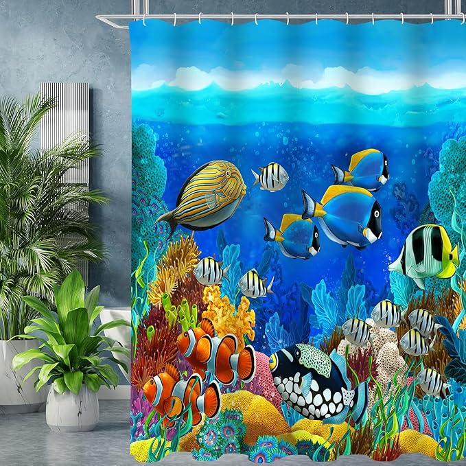 4Pcs Colorful Tropical Fish Bathroom Sets with Shower Curtain and Rugs, Cartoon Ocean Theme Full Bathroom Set, Light Blue Soft Fabric Shower Curtain Set with 12 Pcs Hooks, Set de baño