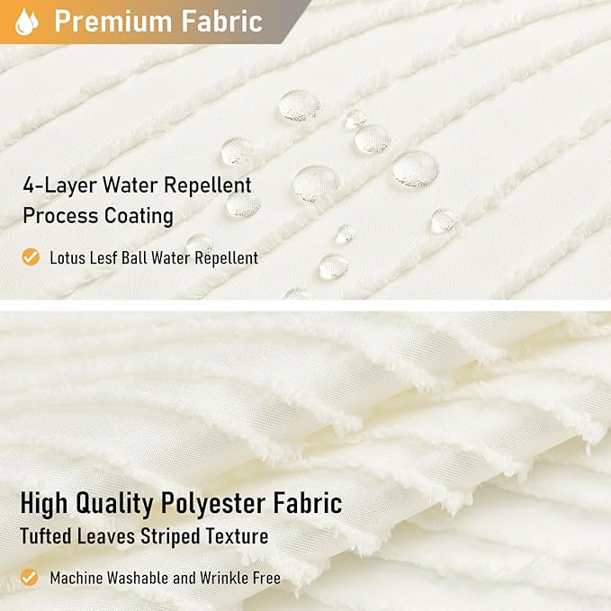 BTTN 96 Inch Extra Tall Shower Curtain, 72 x 96 Long Bohemian Tufted Striped Tassel Shower Curtain Set with 12 Hooks, Water Repellent, Boho Farmhouse Country Shower Curtains for Bathroom, Cream/Beige