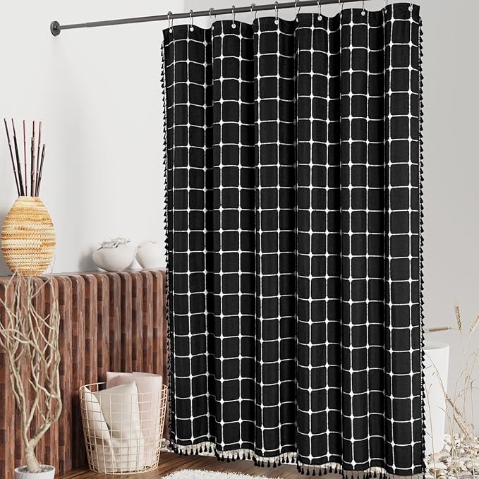 MitoVilla Black Boho Extra Long Shower Curtain 72 x 84, Modern Farmhouse 84 inch XL Polyester Linen Texture Tassel Fabric Shower Curtain Set with Hooks for Cottagecore Country Bathroom Decor