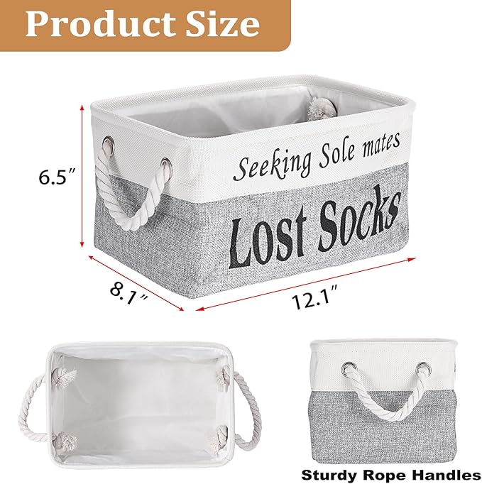 2 Pack Lost Socks Basket for Laundry Room, Fabric Missing Sock Holder for Single Sock Organization, Collapsible Lost Socks Bin Stockings Container, Farmhouse Laundry Room Decor and Accessories