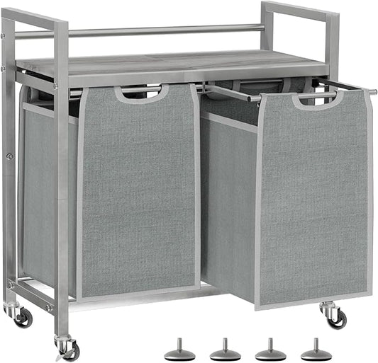 SwaaVee Laundry Hamper, Laundry Basket, Laundry Sorter with 3 Removable Bags, Clothes Basket with 3 Compartments, Wheels, Shelf for Laundry Room Bathroom Bedroom (2 Bags-Gray)