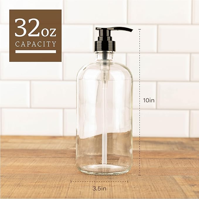 kitchentoolz 32-Ounce Pump Bottles, Large Clear Glass Boston Round Bottles w/Black Pumps. Great for Lotions, Laundry Soap Detergent, Oils, Sauces - Food Safe and Medical Grade (Pack of 2)