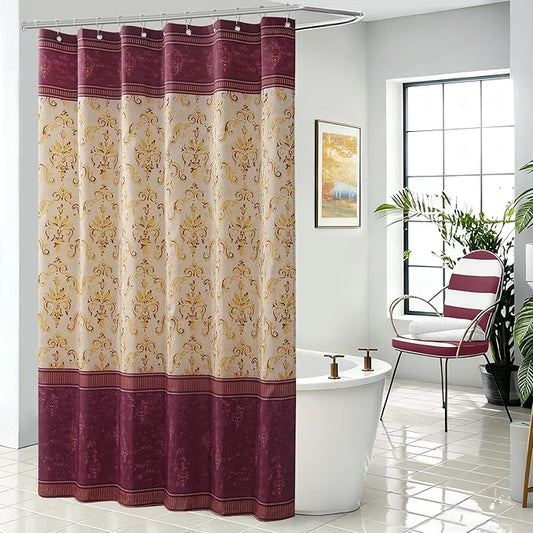 Fabric Shower Curtain， Burgundy Wine with Gold Yellow Boho Paisley Damask Print, Waterproof Bathroom Decor, 72" W x 72" H