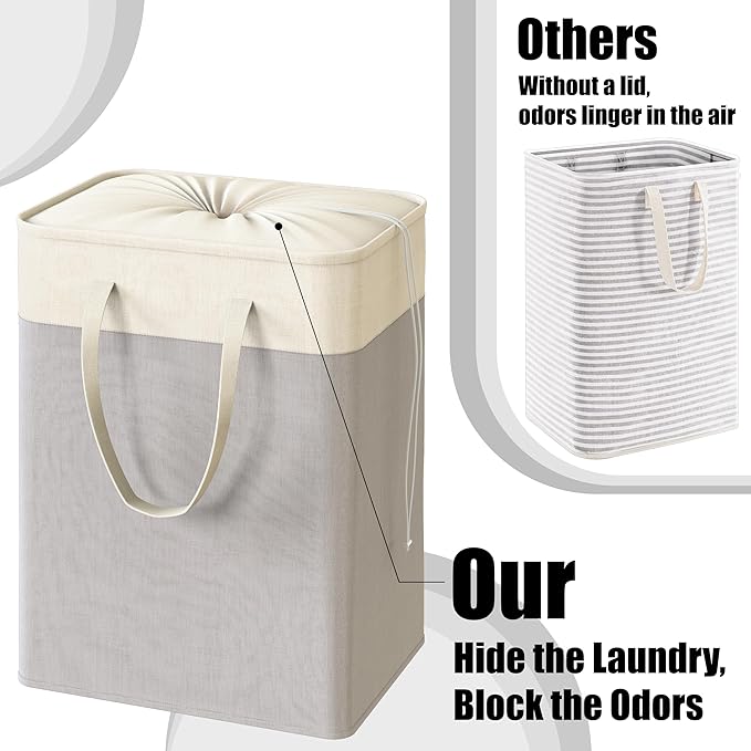 Simple Houseware 75L Collapsible Laundry Hamper, Rectangle Cotton Basket with Drawstring Closure and Handles, Gray