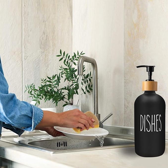 Sunrise Premium 16 OZ Thick White & Black Glass Soap Dispenser, Bamboo Pump with Tray 2 Pack, Hand and Dish Soap Dispenser Set for Bathroom with 6 Waterproof Labels