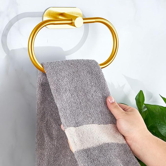 Towel Bar/Bath Towel Ring, Self Adhesive Hand Towel Ring for Bathroom, Stainless Steel Sticky Hand Towel Holder, No Drilling Modern Round Towel Hanger Wall Mounted (Gold)