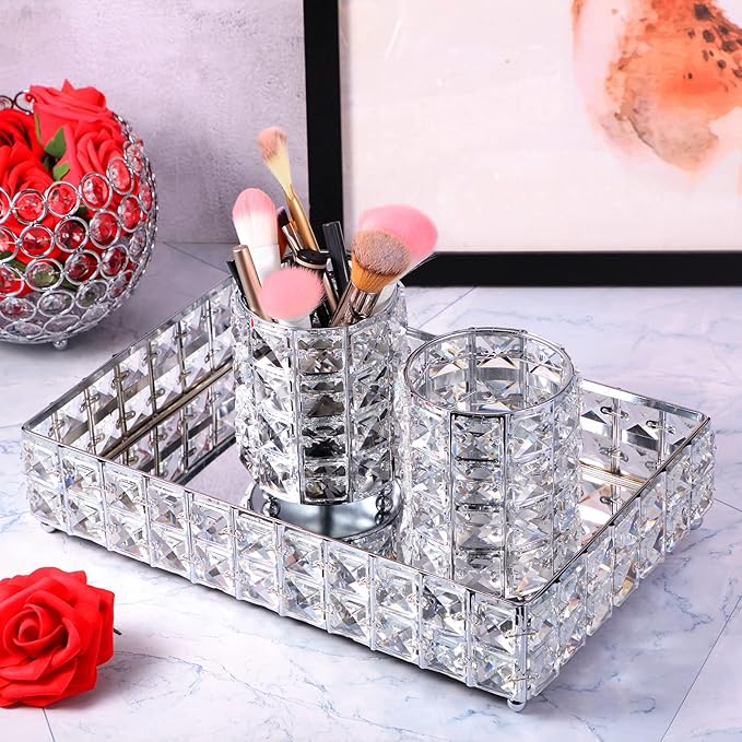 3 Pieces Crystal Makeup Brush Holder Organizer Vanity Makeup Tray Set, 2 Pcs Crystal Bling Cosmetics Brushes Cup 1 Storage Jewelry Trinket Tray Bathroom Sink Vanity Trays, 11.81 x 7.87 x 2.76 Inch