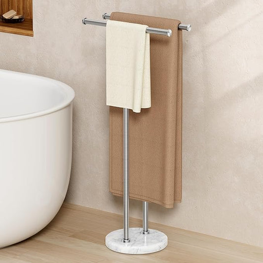 KES Free Standing Towel Rack 3X Thicker Round Marble Base for Bathroom Floor, Double T-Shape Towel Rack Stand with 100% Natural Mable Base, 18/8 Stainless Steel, Brushed Finish, BTH237B-2