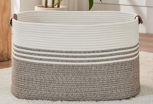DOFASAYI Laundry Hamper - 72L Large Laundry Basket with Leather Handles, Decorative Storage Basket for Blankets - Clothes Hamper for Living Room, Bedroom, White & Rice Brown