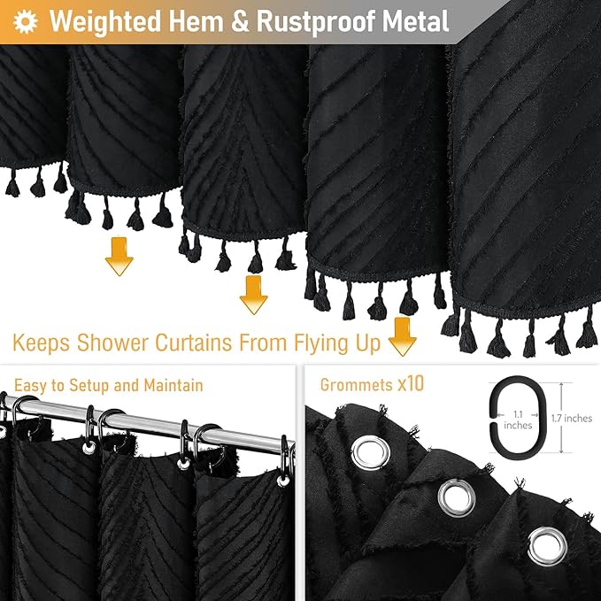 BTTN Boho Stall Shower Curtain - 60x72 Tufted Leaves Textured Striped Tassel Shower Curtain Set with 10 Plastic Hook, Narrow Modern Farmhouse Shabby Chic Minimalist Shower Curtains for bathroom, Black