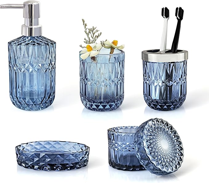 LaMarriti Blue Bathroom Accessories Set, 5Pcs Clear Glass Bathroom Accessories, Hand Soap Dispenser, Soap Dish, Toothbrush Holder Set, Qtips Holder for Crystal Vintage Bath Countertop Decor, Gift Set
