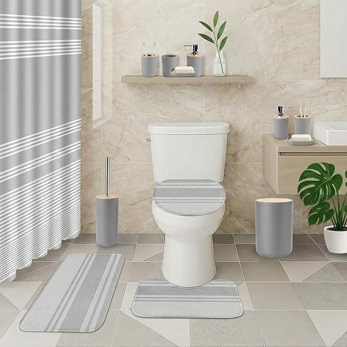 Grey Bathroom Decor and Accessories Set, Striped Gray Shower Curtain and Rug Set with Trash Can, Soap Dispenser, Soap Dish, Toothbrush Holder, Toothbrush Cup, Toilet Brush