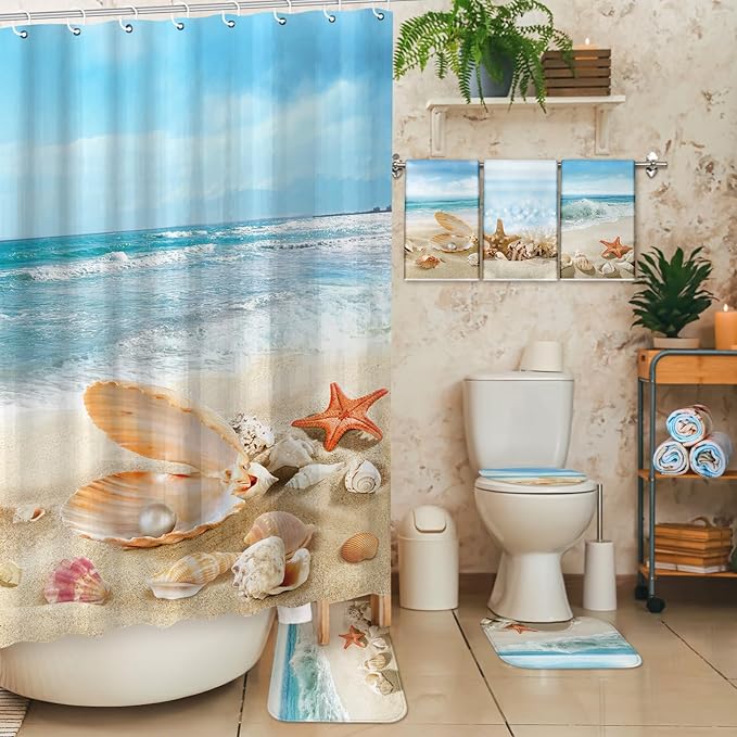 FuWeave 8 Pcs Summer Beach Shower Curtain Set Bathroom Decor Sea Ocean Waterproof Bathroom Accessories Shower Curtain Sets with Towels Carpet Bath Mat Toilet Rugs and 12 Hooks