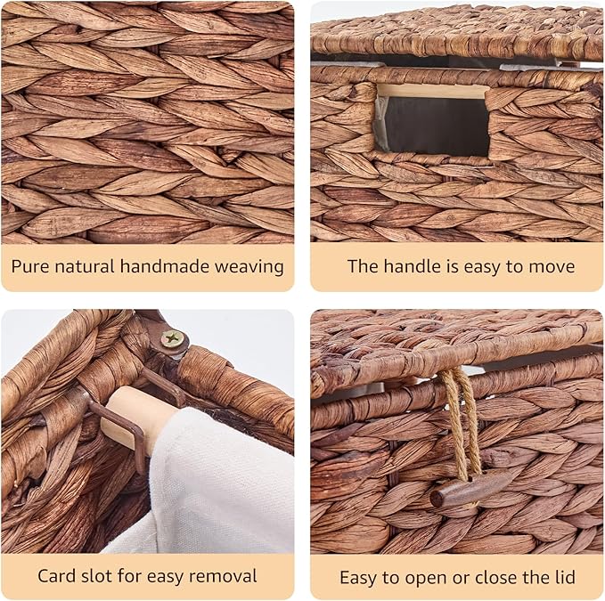 Handwoven Large Laundry Hamper with Lid and 2 Removable Liner Bags, Heightened Feet Natural Hyacinth Clothes Hamper,Wicker Laundry Basket for Clothes and Towels