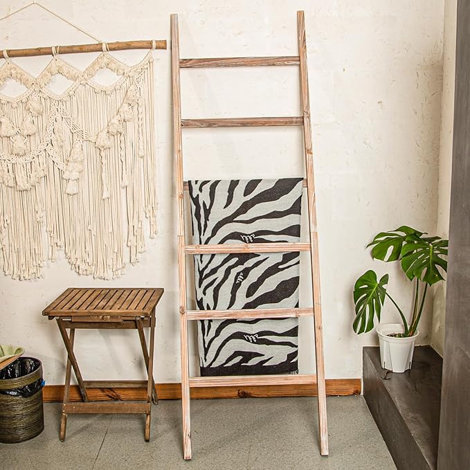 RANXFLOAT 6-Tier Blanket Ladder Wooden, Blanket Quilt Towel Holder Rack Decorative Ladder, Rustic Farmhouse Ladder Shelf for The Living Room Bedroom Home Decor Carbonized Wood 24 Inch