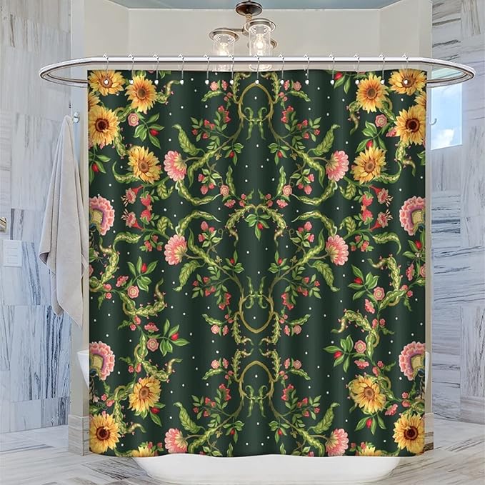 Modern Abstract William Morris Art Shower Curtain,Fantasy Galaxy Boho Floral Sunflower Bath Curtain 84L x72W Washable Cloth Fabric Bathroom Decor Set with Hooks