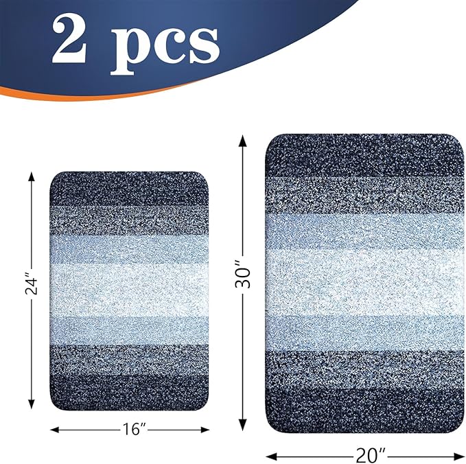 OLANLY Bathroom Rug Set 2 Piece, Soft Absorbent Microfiber Bath Rug Set, Non-Slip, Machine Wash Dry, Plush Shaggy Bath Mats for Bathroom (30"x20"+24"x16", Dark Blue)