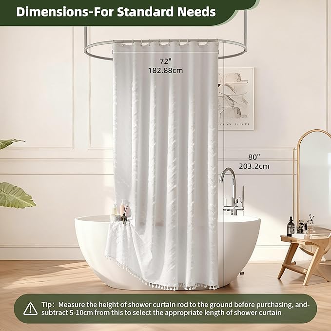 Extra Long White Boho Shower Curtain with Tassel, Woven Fabric 80 in Shower Curtain, Tufted Chevron Striped, 72 x 80, Modern Chic Textured Minimalist Bathroom Shower Curtains
