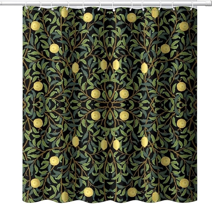 Vintage Botanical Shower Curtain William Morris Designs Green Jungle Fruit Print Shower Curtain Set Polyester Interior Waterproof Shower Curtain with 12 Hooks 72x84 Inches(183x214cm)