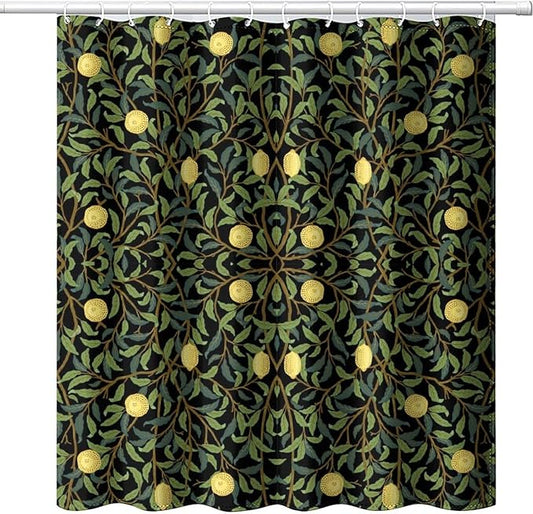 Vintage Botanical Shower Curtain William Morris Designs Green Jungle Fruit Print Shower Curtain Set Polyester Interior Waterproof Shower Curtain with 12 Hooks 72x78 Inches(183x200cm)