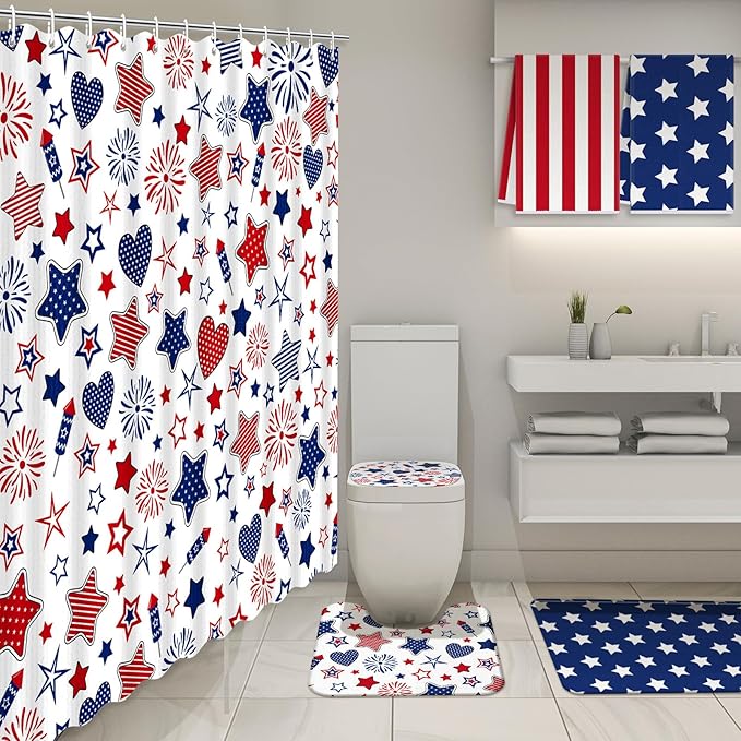 Nuanchu 6 Pcs Patriotic Shower Curtain Set with Rug 4th of July Star Bathroom Sets with Shower Curtain Bath Mat U Shaped Mat Toilet Lid Cover 2 Bath Towels and 12 Hooks Independence Day Bathroom Decor