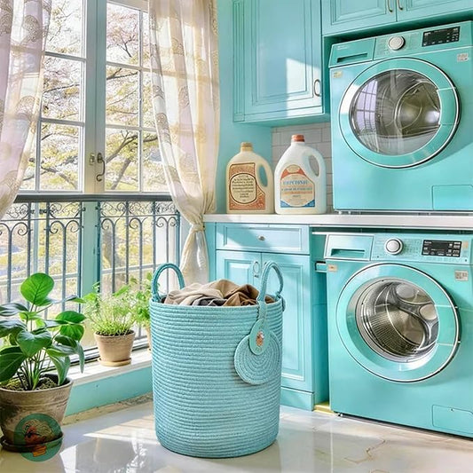 Modern Granny Medium Cotton Rope Laundry Hamper 14x16 Inch Dual Secure Woven Handle for Living Room Closet Clothes Blanket Organization