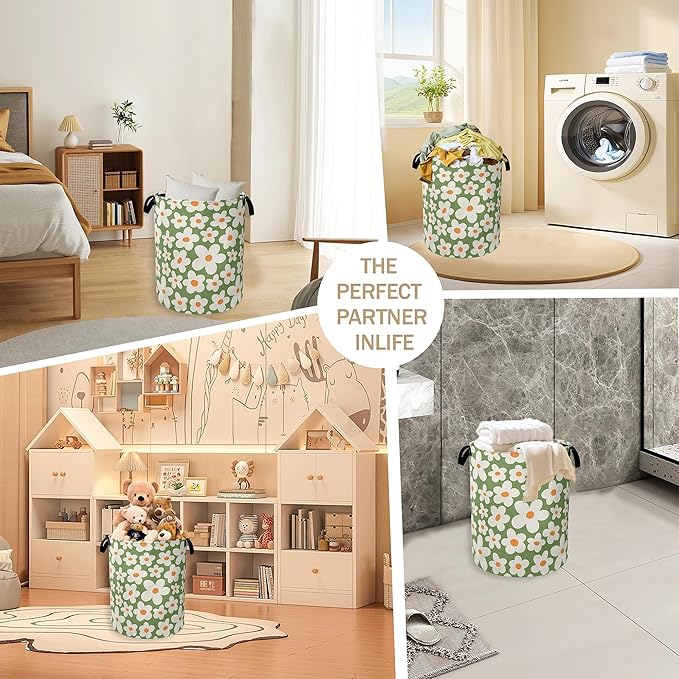 70s Groovy Flower Laundry Hamper,Green Floral Collapsible Laundry Baskets,Waterproof Oxford Cloth Laundry Room Organization for Bedroom,Bathroom,Nursery,16x20 Inch