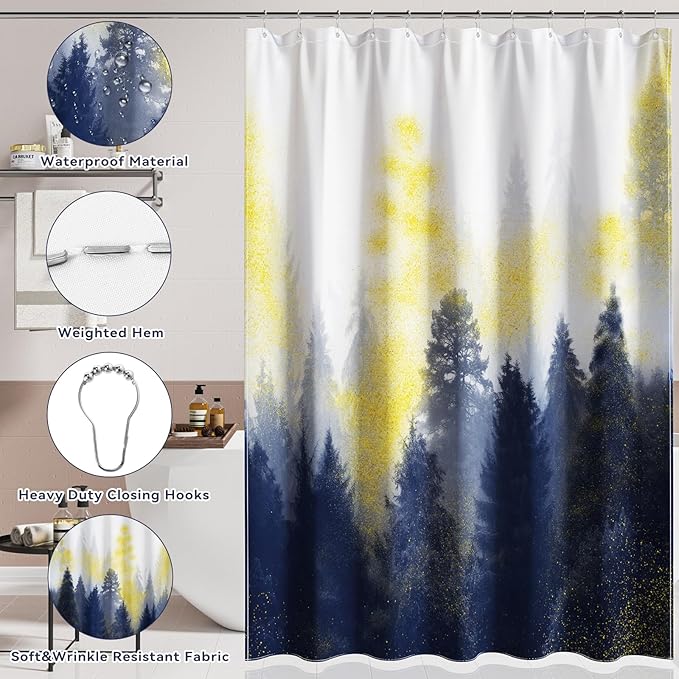 Navy and Gold Bathroom Accessories, Bathroom Sets with Shower Curtain and Rugs, Bath Rugs Accessory Set with Bathroom Trash Can, Soap Dispenser, Soap Dish for Home Decor