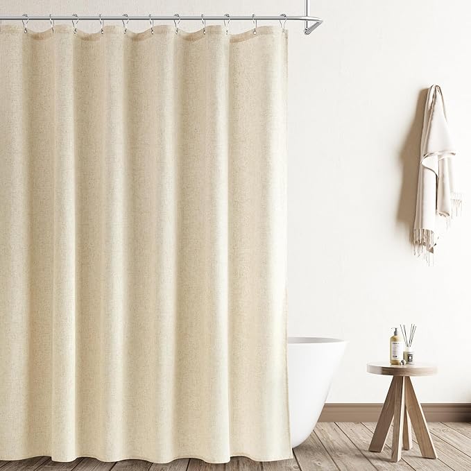 Naturoom 84 Inch Linen Shower Curtain, Extra Long Weighted Thick Fabric Bath Shower Curtain Set with Hooks, XLong Tall Country Farmhouse Beige Cloth Curtains for Bathroom, 72x84，Cream Beige