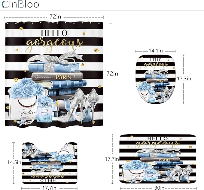 Cinbloo 4Pcs Black and Blue Shower Curtain Set,High Heels Striped Perfume Bathroom Curtain with Rug, Toilet Lid Cover, Bath Mat, Fashion Floral Flower Magazine Books Shower Curtain with 12 Hooks
