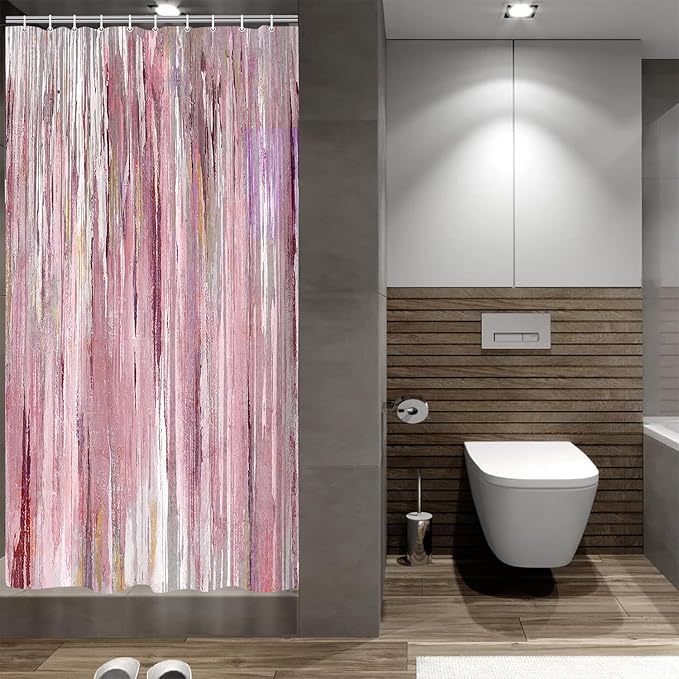 JAWO Small Stall Shower Curtain 36x72 Half Size - Pink Abstract Waterproof Fabric Shower Curtains for Bathroom, Cute Modern Aesthetic Abstract Strip RV Camper Narrow Bath Curtain with Hooks