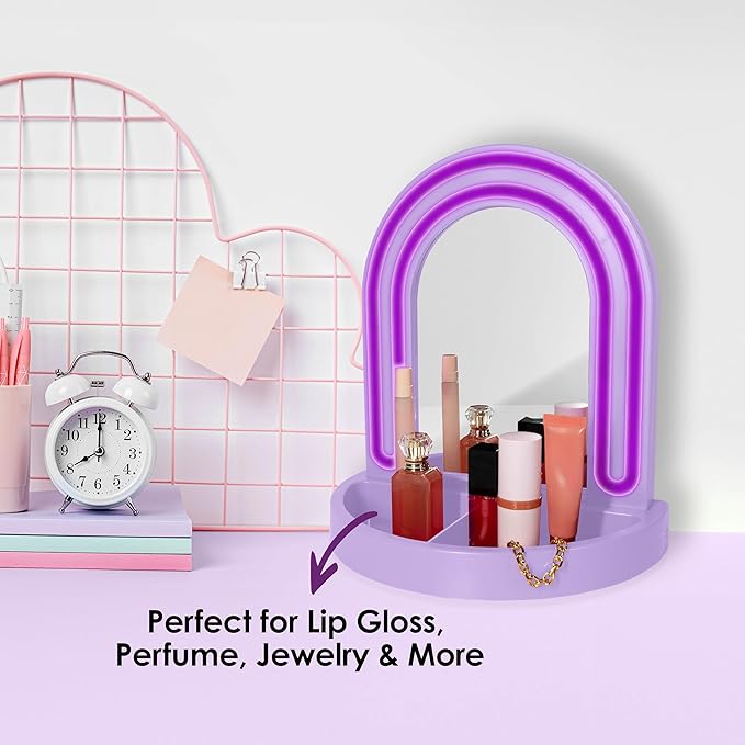 LED Vanity Mirror with Tray, for Desk, Dressing Table, Light Up Mirror for Makeup, Dorm Desk Vanity Mirror with Lights, Purple