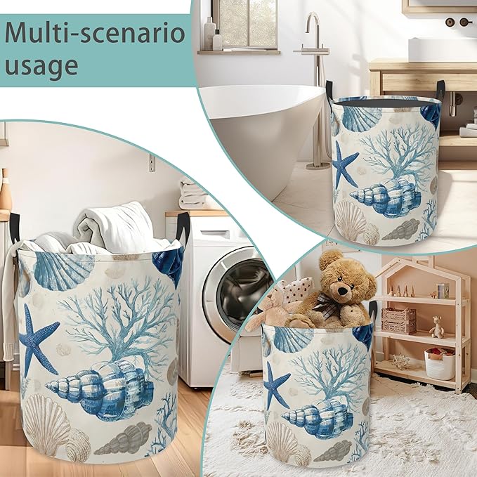 Laundry Basket With Handle, Dirty Clothes Laundry Hamper, Oxford Cloth Bin Storage Organizer for Toy Collection (Starfish Shells Summer)