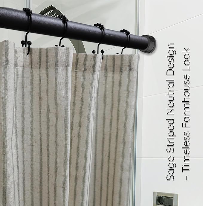 Farmhouse Striped Shower Curtain - 72x84 Inches, Linen Blend Fabric, Breathable & Machine Washable, Rustic Sage for Bathroom Decor (Hooks/Liner Not Included)