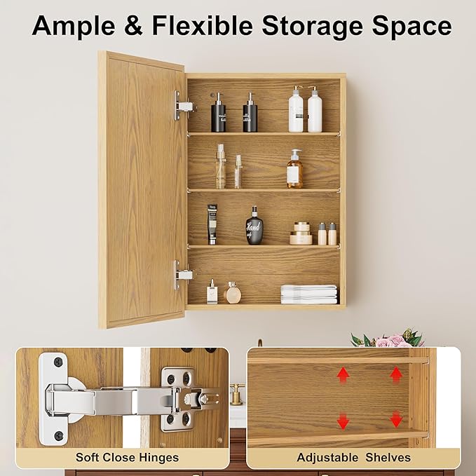 20x28 Inch Wood Medicine Cabinet with Mirror, Surface or Recessed Mounted Bathroom Cabinets with Adjustable Shelves, Soft-Close Hinges, Wall Mounted Cabinet for Storage