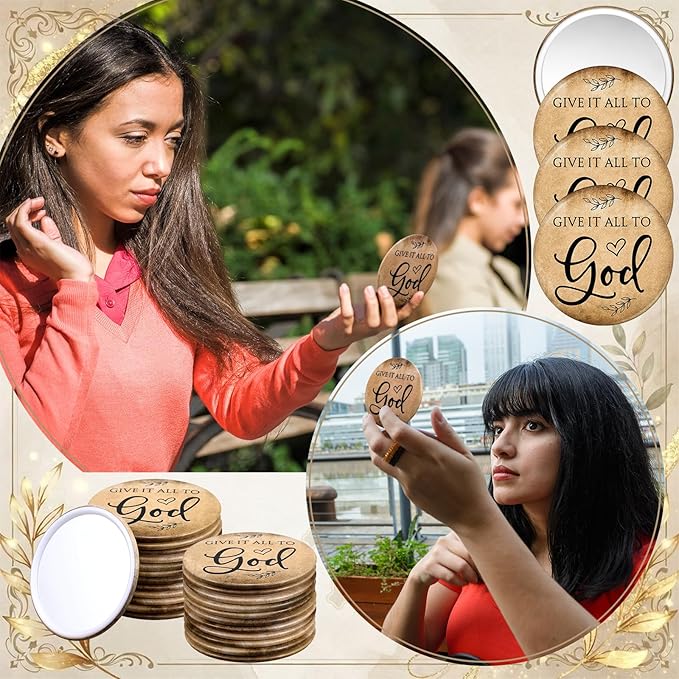 Landical 25 Sets Christian Gifts for Women Bulk Pocket Mirrors with Cards Bags for Mothers Day Stuffers Church Party Favors Religious Gift Bag Fillers, Give It All to God