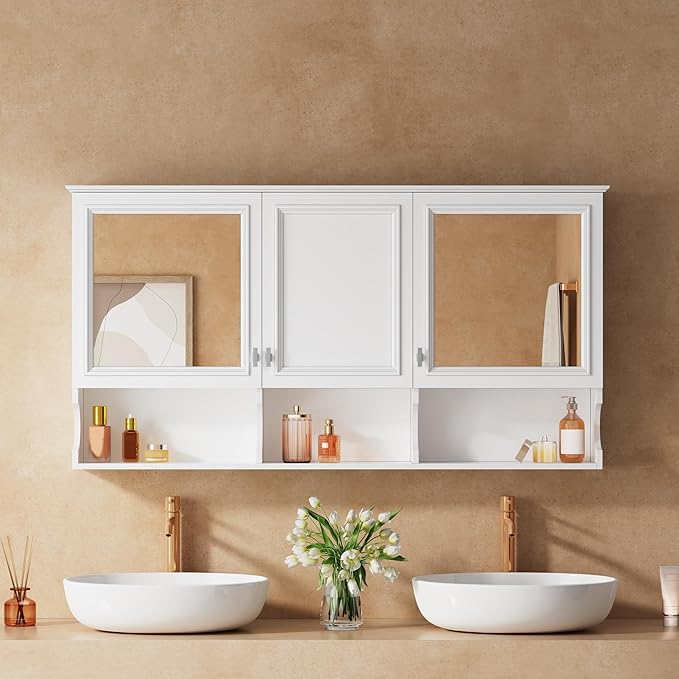 Virubi Bathroom Wall Cabinet with Mirror, Medicine Cabinet with 3 Doors and Adjustable Shelf, Space Saver Storage Cabinets Over The Toilet for Bathroom (55'' x 28.7'')
