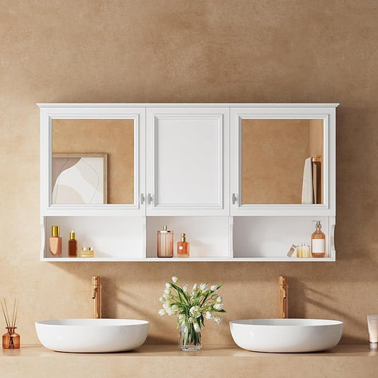 Virubi Bathroom Wall Cabinet with Mirror, Medicine Cabinet with 3 Doors and Adjustable Shelf, Space Saver Storage Cabinets Over The Toilet for Bathroom (55'' x 28.7'')