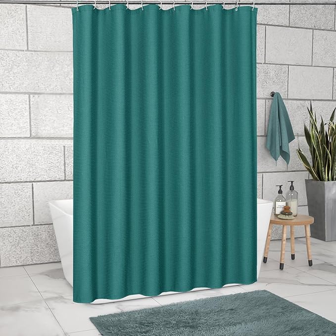MitoVilla Emerald Green Waffle Fabric Shower Curtain, Heavy Waffle Weave Textured Shower Curtains for Modern Luxury Bathroom Decor, Weighted Hotel Spa Shower Curtain, 72 x 72, Seaweed Green