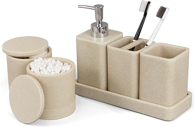 YMXYJM Bathroom Accessories Set, 6 Piece Bathroom Set with Toothbrush Holders, Soap Dispenser, Vanity Tray, Tumbler, Cotton Swab Jars, Bathroom Organizer，Bathroom Sink Sets, Stone Beige